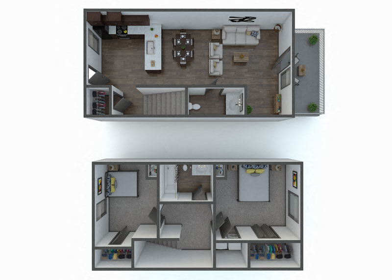 Floor plan for 2 beds, 1.5 baths, 1008 sqft