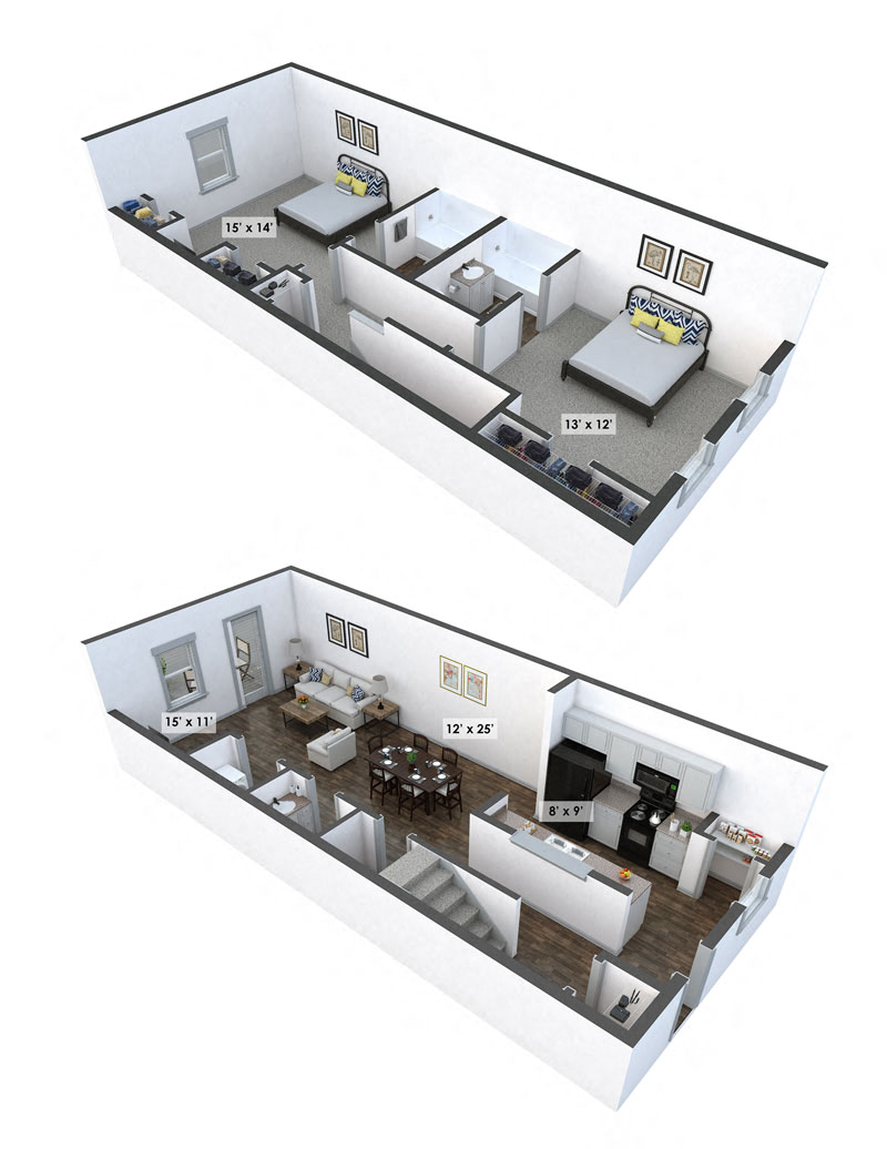 Floor plan for 2 beds, 2.5 baths, 1216 sqft