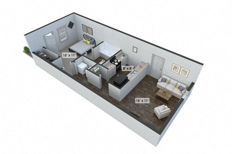 Floor plan for 1 bed, 1 bath, 608 sqft