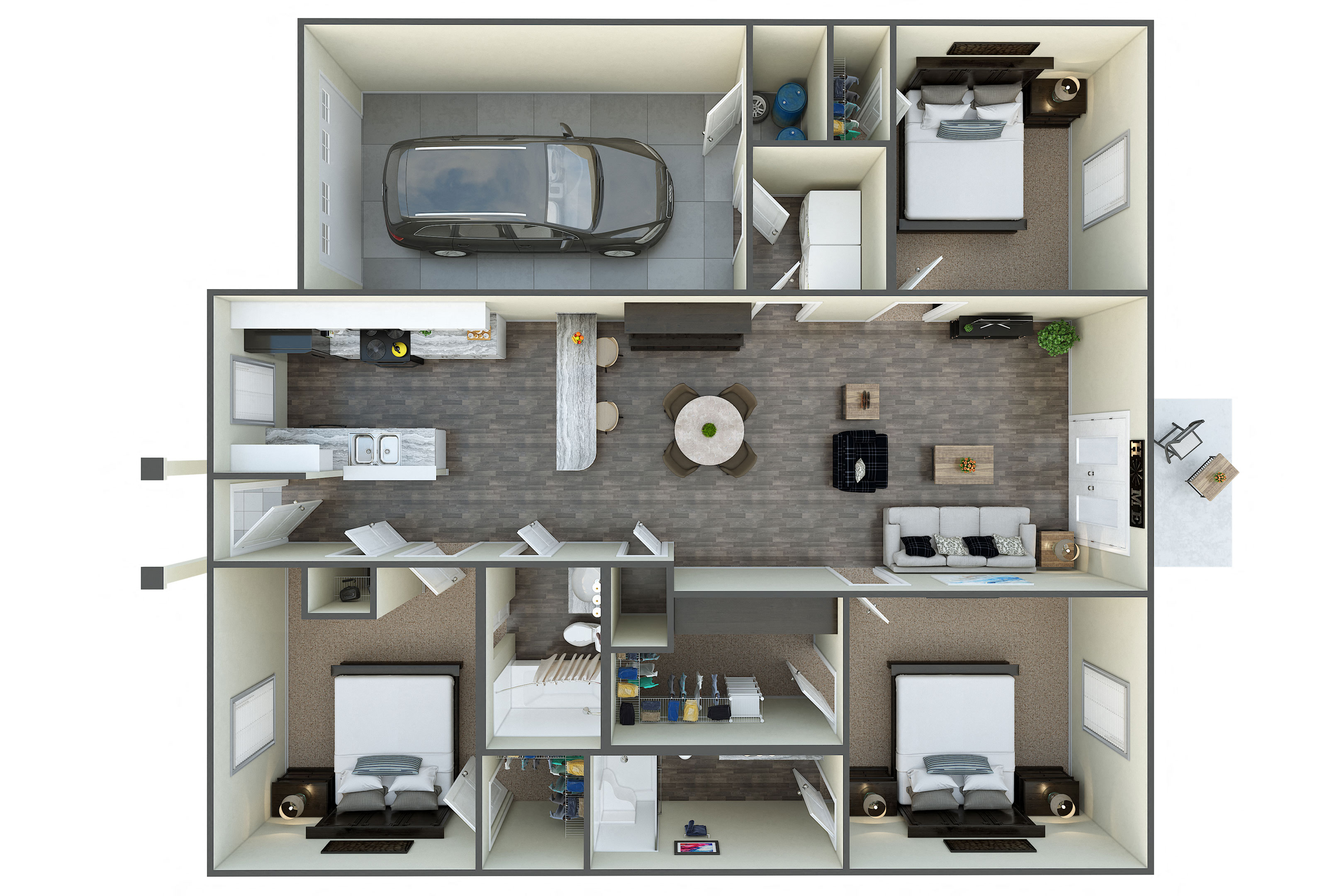 Floor plan for 3 beds, 2 baths, 1265 sqft