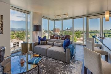 Denver apartment for rent - a living room with a couch and a view of the city