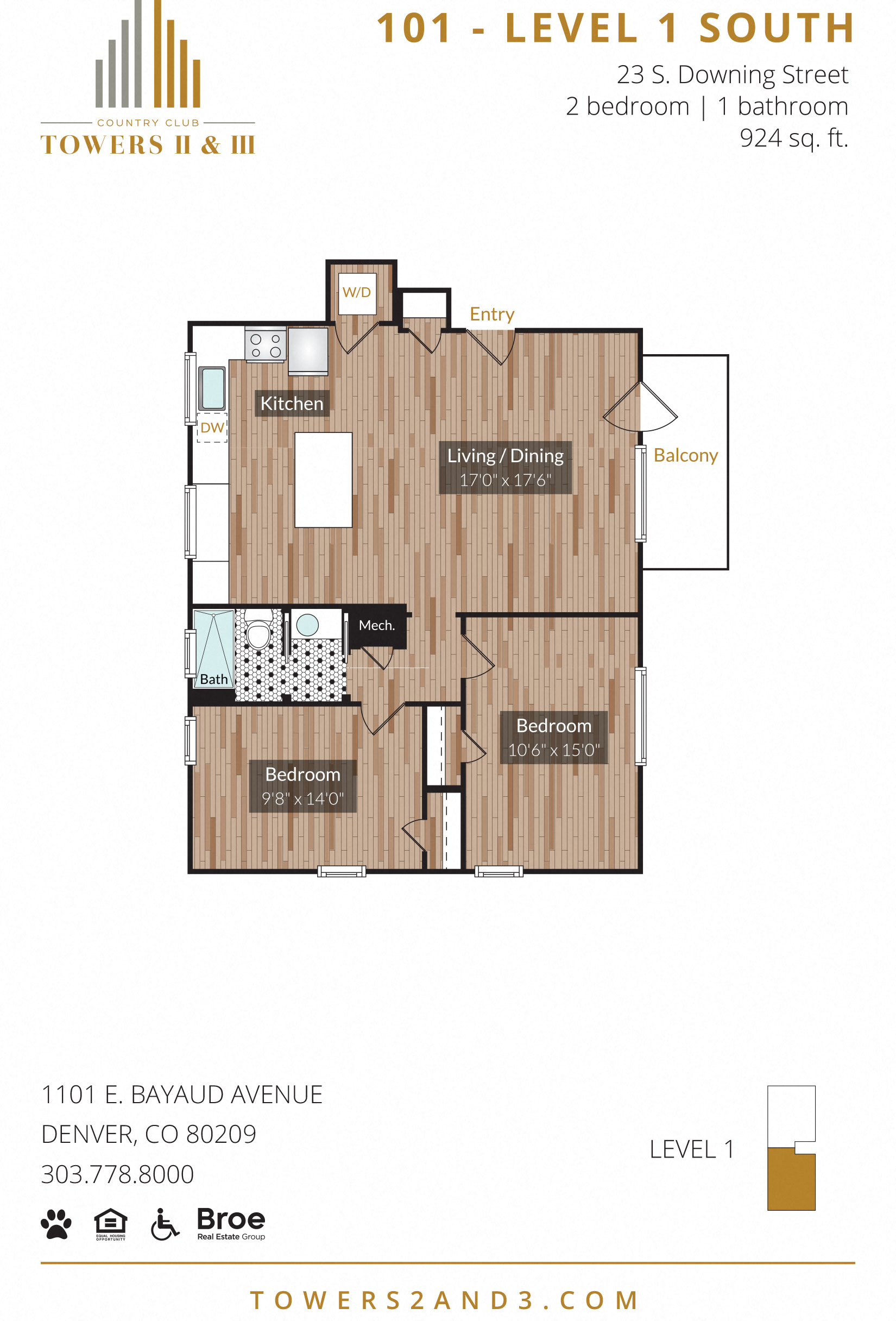 Floor plan for 2 beds, 1 bath, 924 sqft