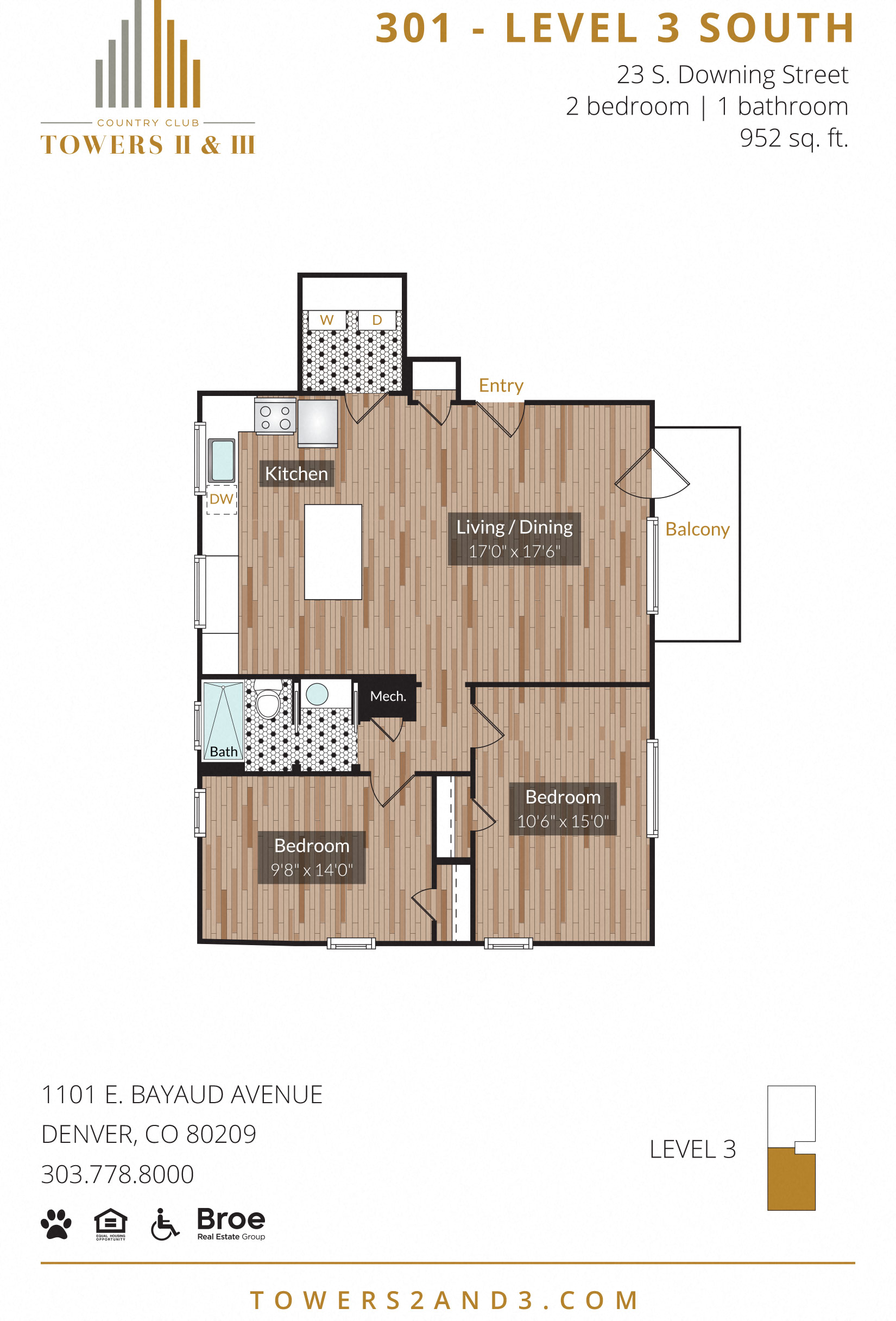 Floor plan for 2 beds, 1 bath, 952 sqft