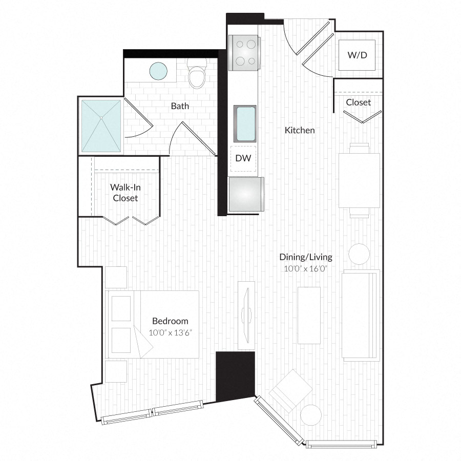 Floor plan for studio, 1 bath, 623 sqft
