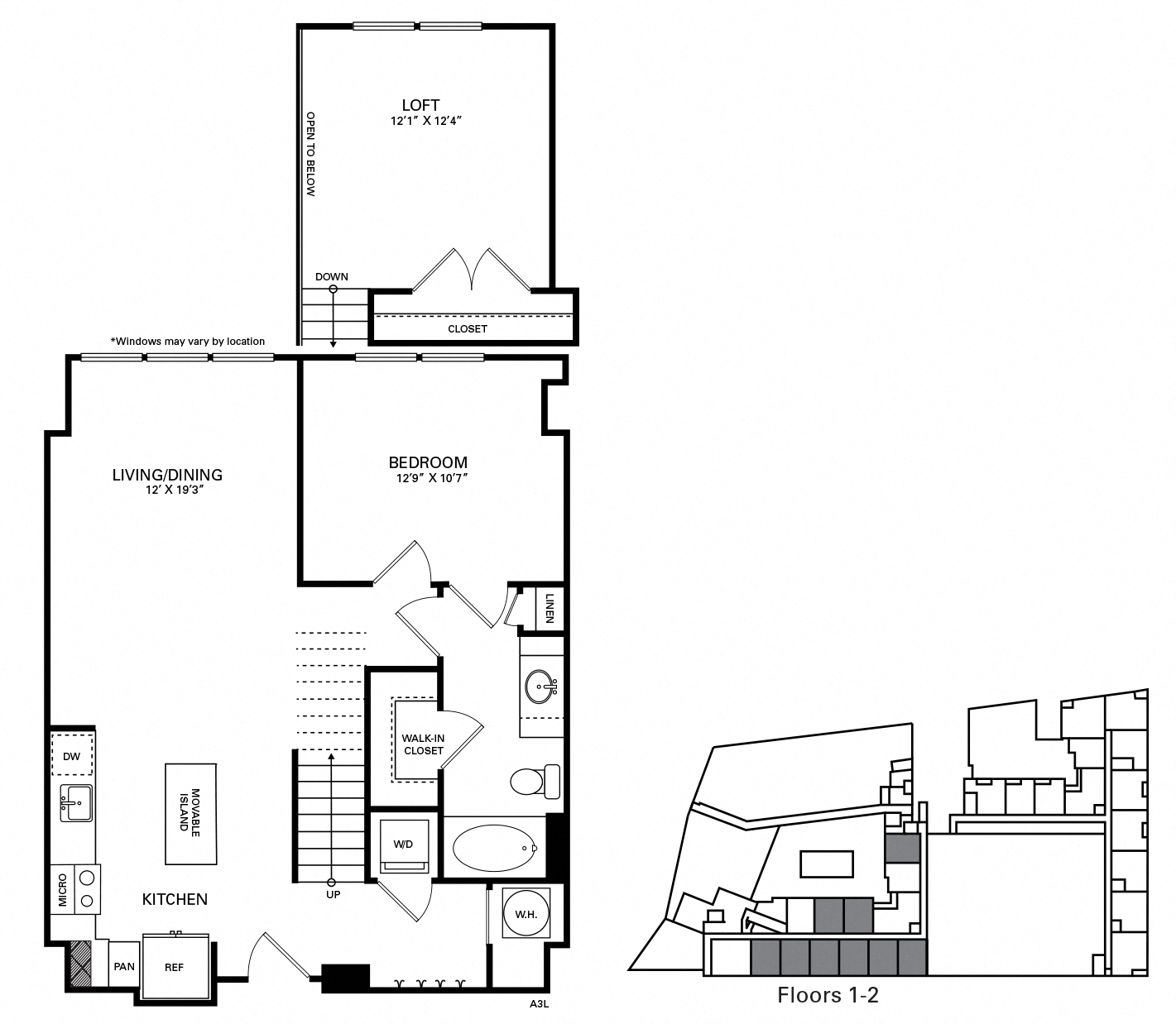 Floor plan for 1 bed, 1 bath, 1033 sqft