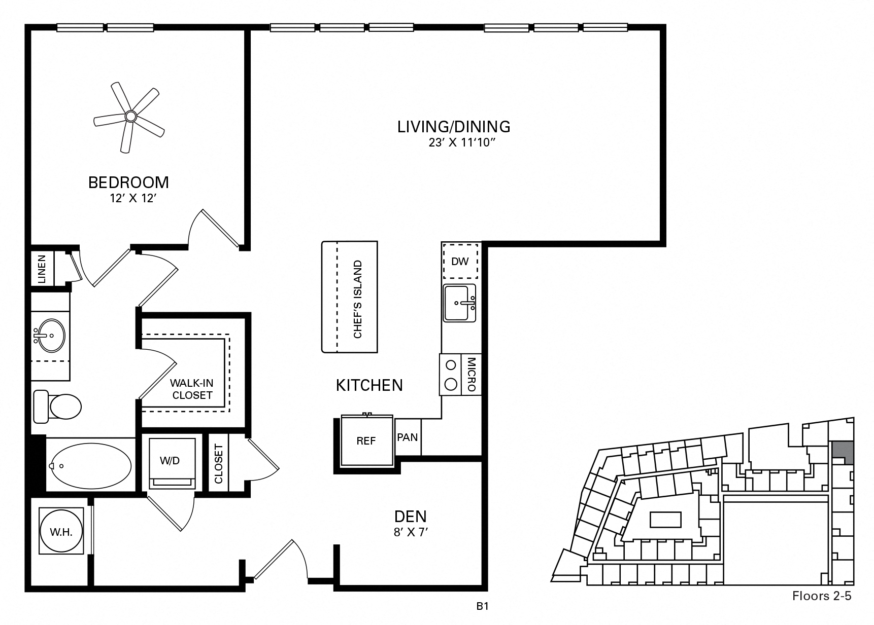 Floor plan for 1 bed, 1 bath, 945 sqft
