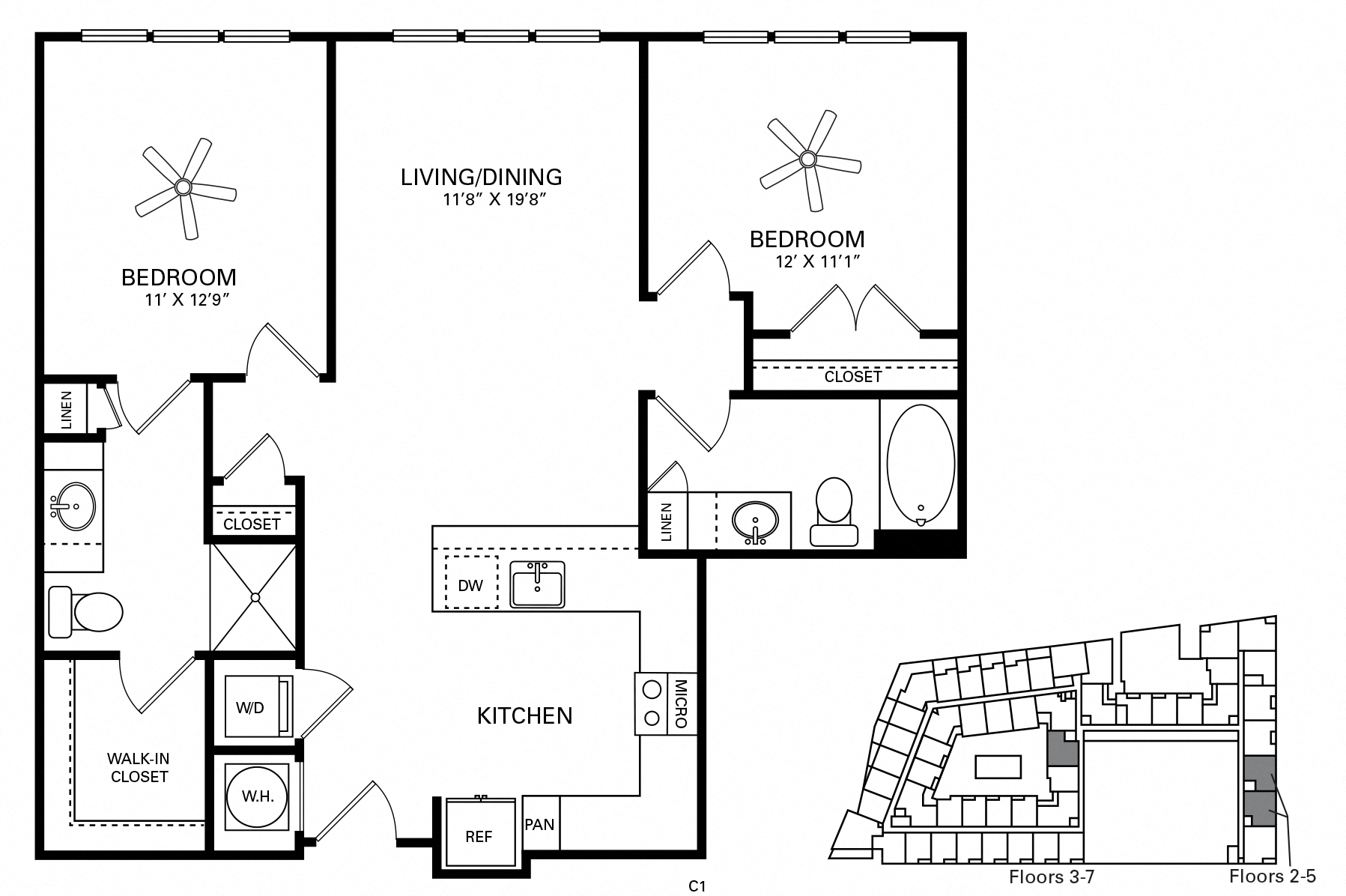 Floor plan for 2 beds, 2 baths, 1046 sqft