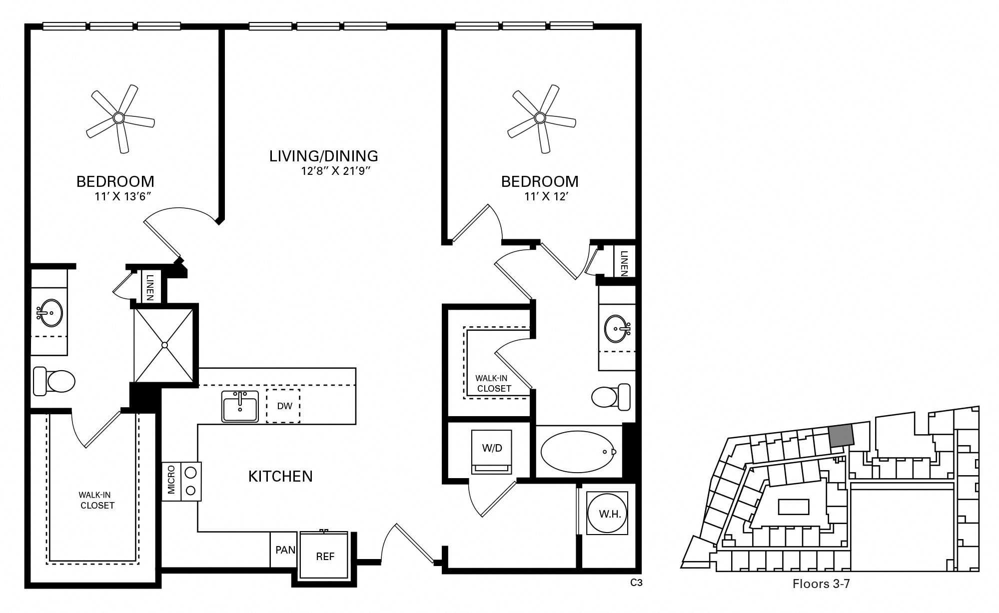 Floor plan for 2 beds, 2 baths, 1157 sqft