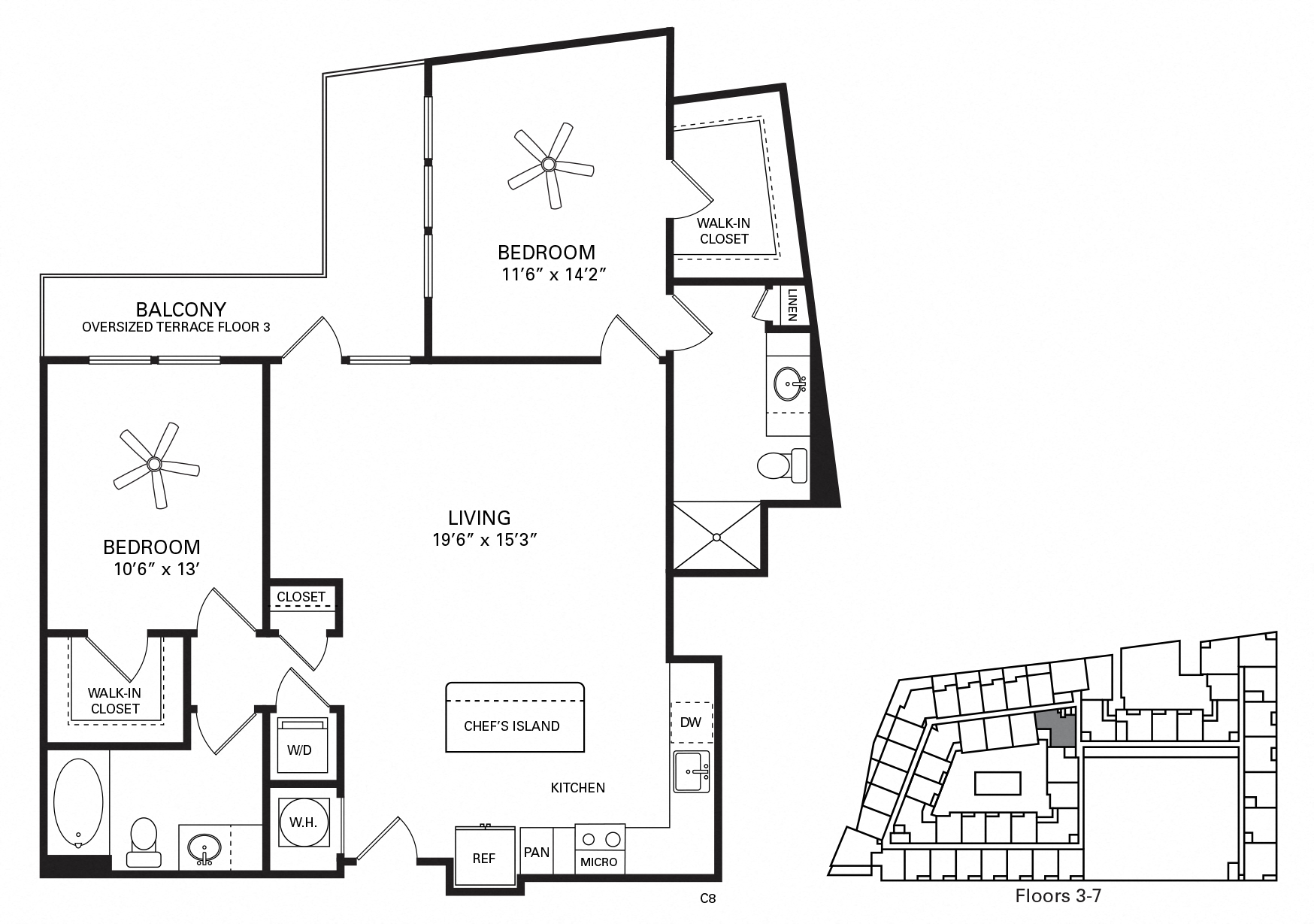 Floor plan for 2 beds, 2 baths, 1147 sqft