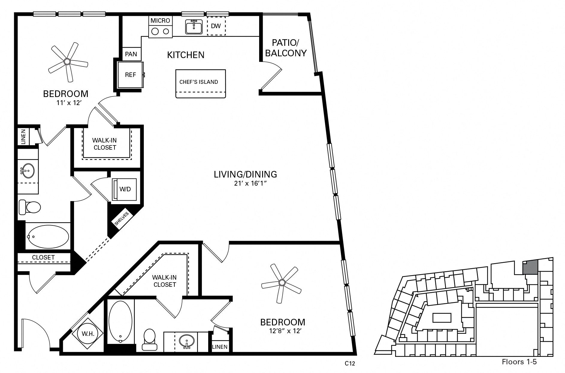 Floor plan for 2 beds, 2 baths, 1295 sqft