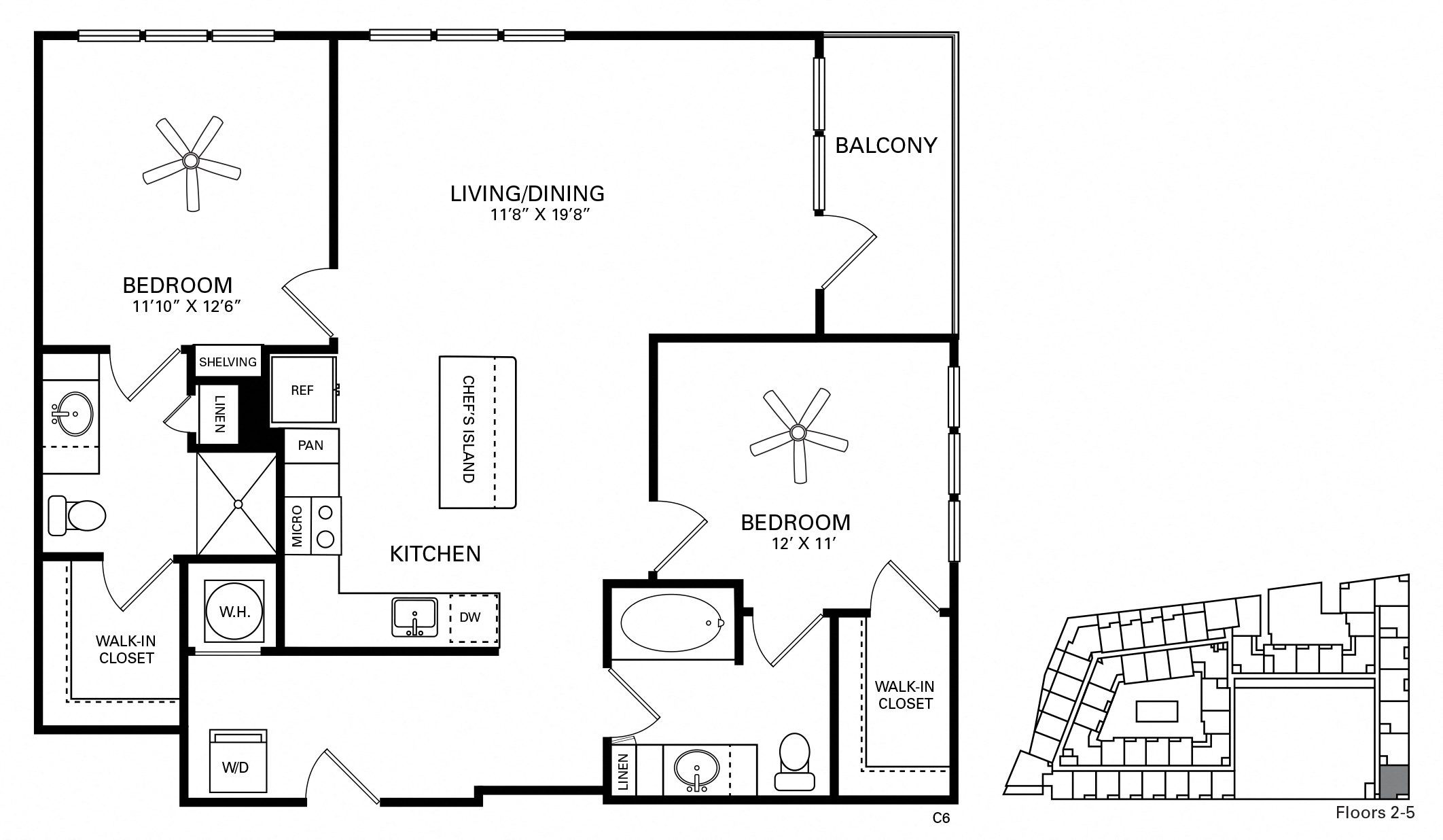 Floor plan for 2 beds, 2 baths, 1131 sqft
