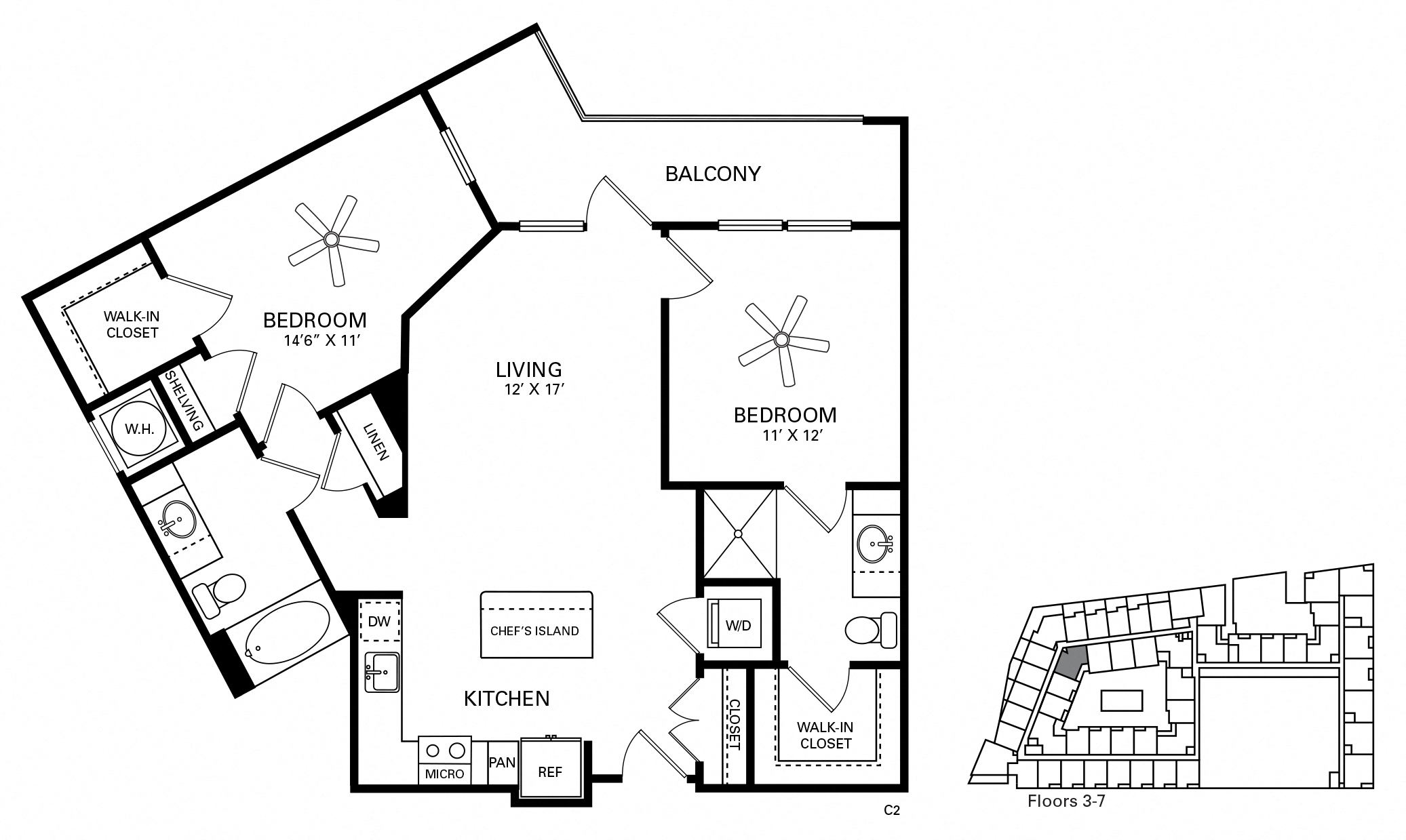 Floor plan for 2 beds, 2 baths, 999 sqft