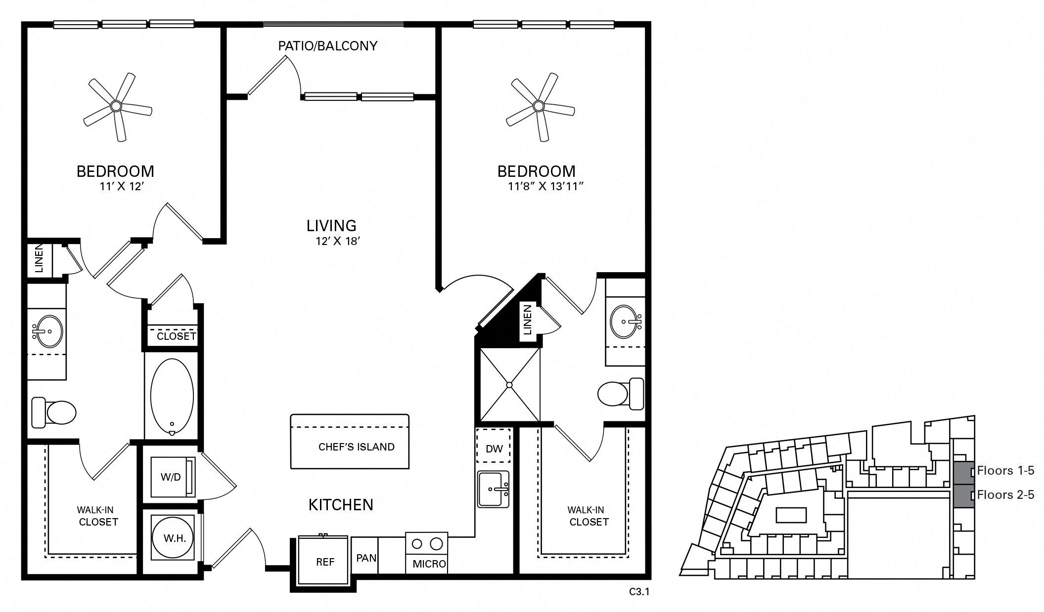 Floor plan for 2 beds, 2 baths, 1105 sqft