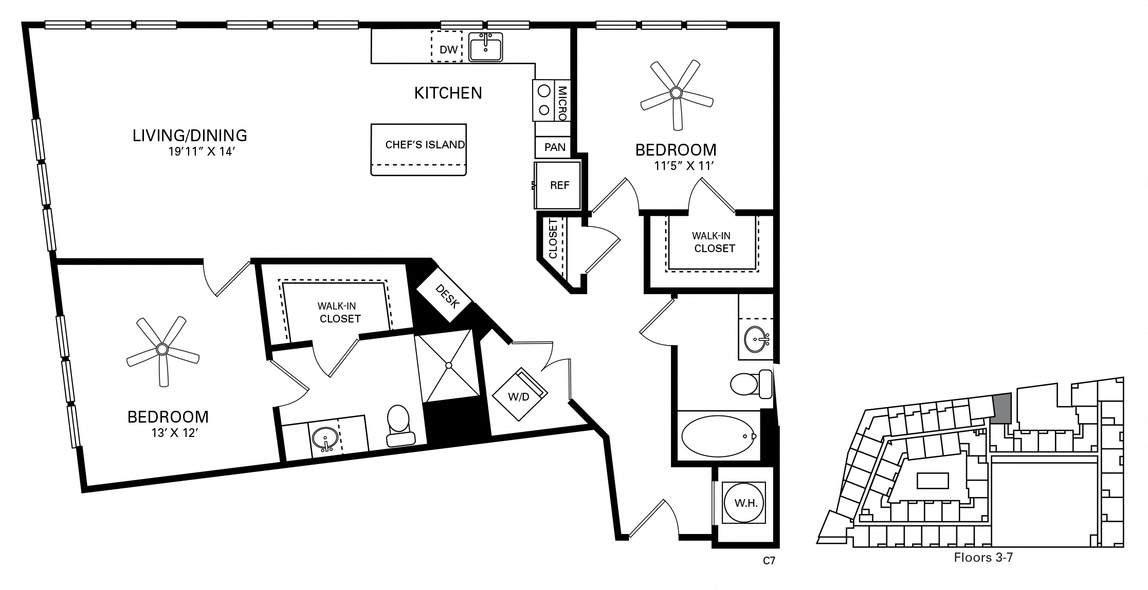 Floor plan for 2 beds, 2 baths, 1242 sqft