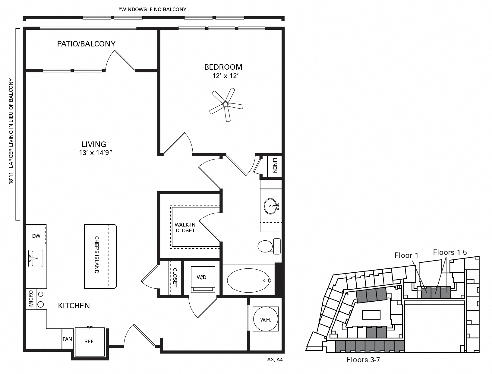 Floor plan for 1 bed, 1 bath, 832 sqft