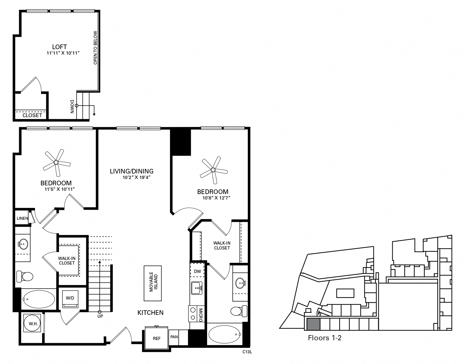 Floor plan for 2 beds, 2 baths, 1281 sqft
