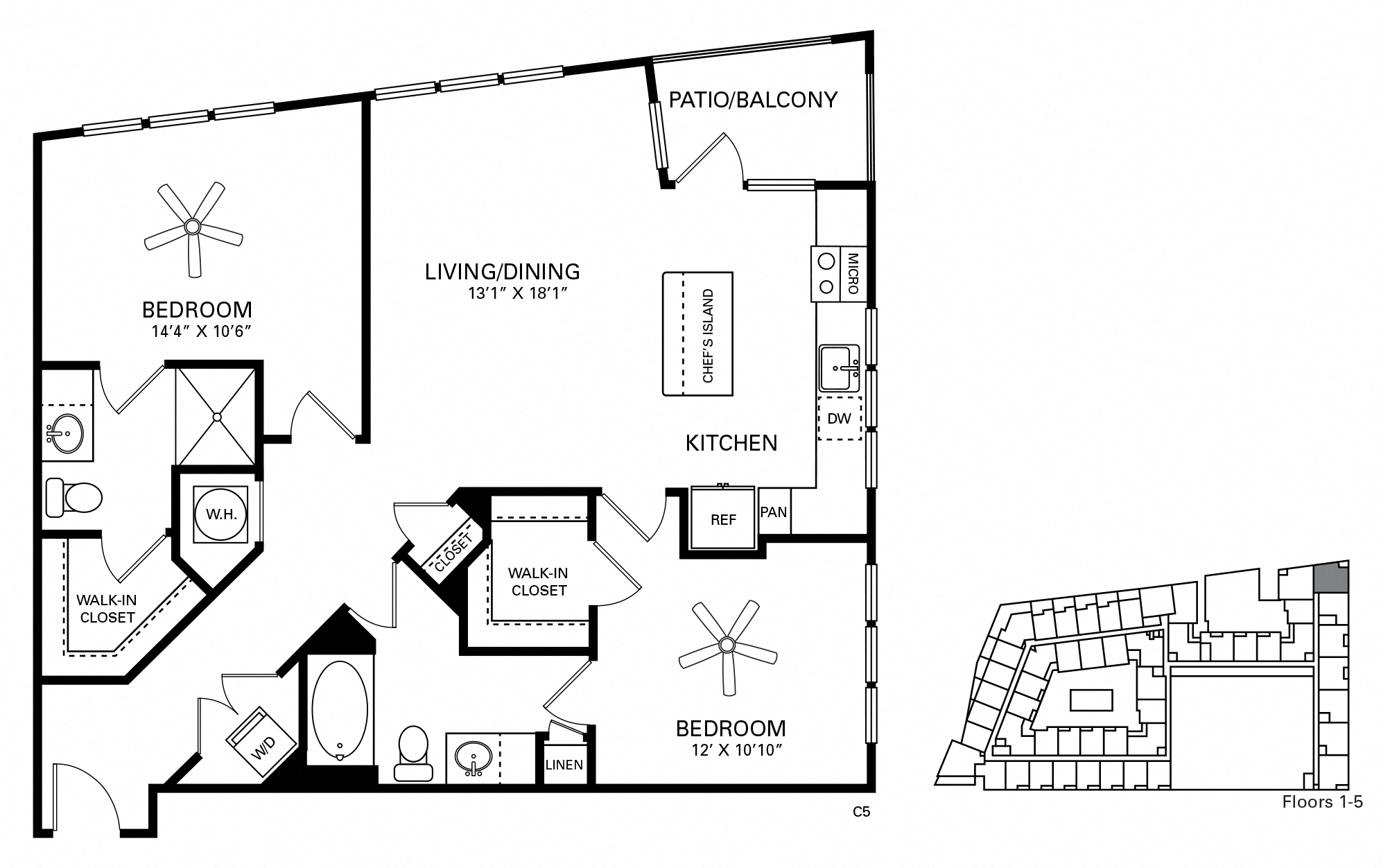 Floor plan for 2 beds, 2 baths, 1143 sqft
