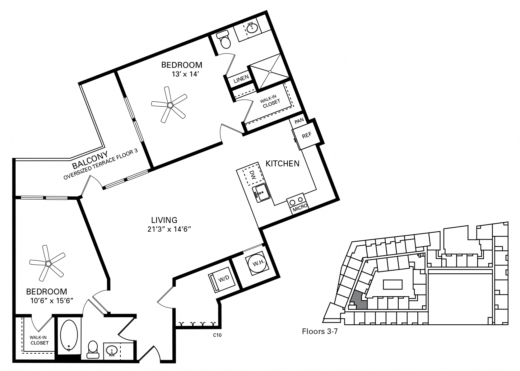 Floor plan for 2 beds, 2 baths, 1227 sqft