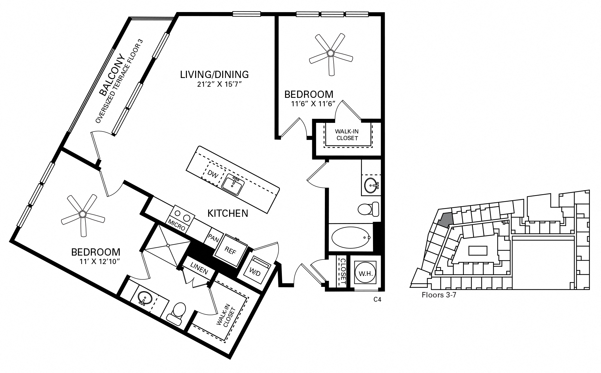 Floor plan for 2 beds, 2 baths, 1076 sqft