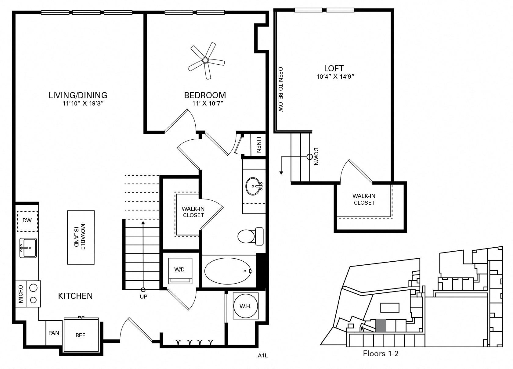 Floor plan for 1 bed, 1 bath, 946 sqft
