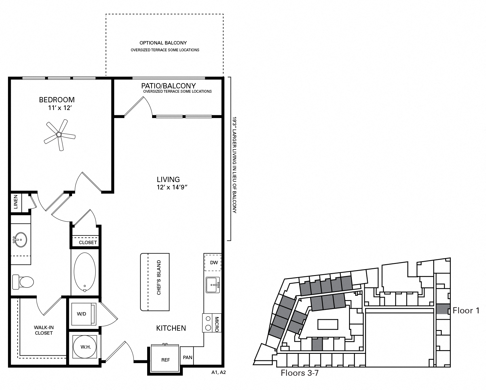 Floor plan for 1 bed, 1 bath, 768 sqft