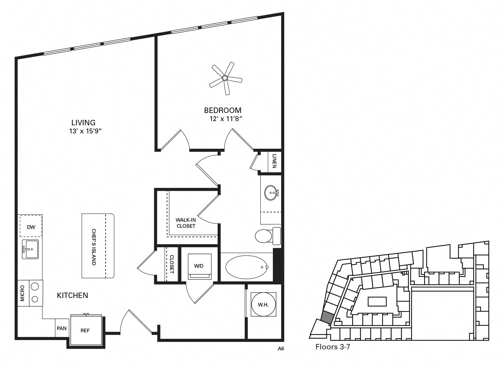 Floor plan for 1 bed, 1 bath, 774 sqft