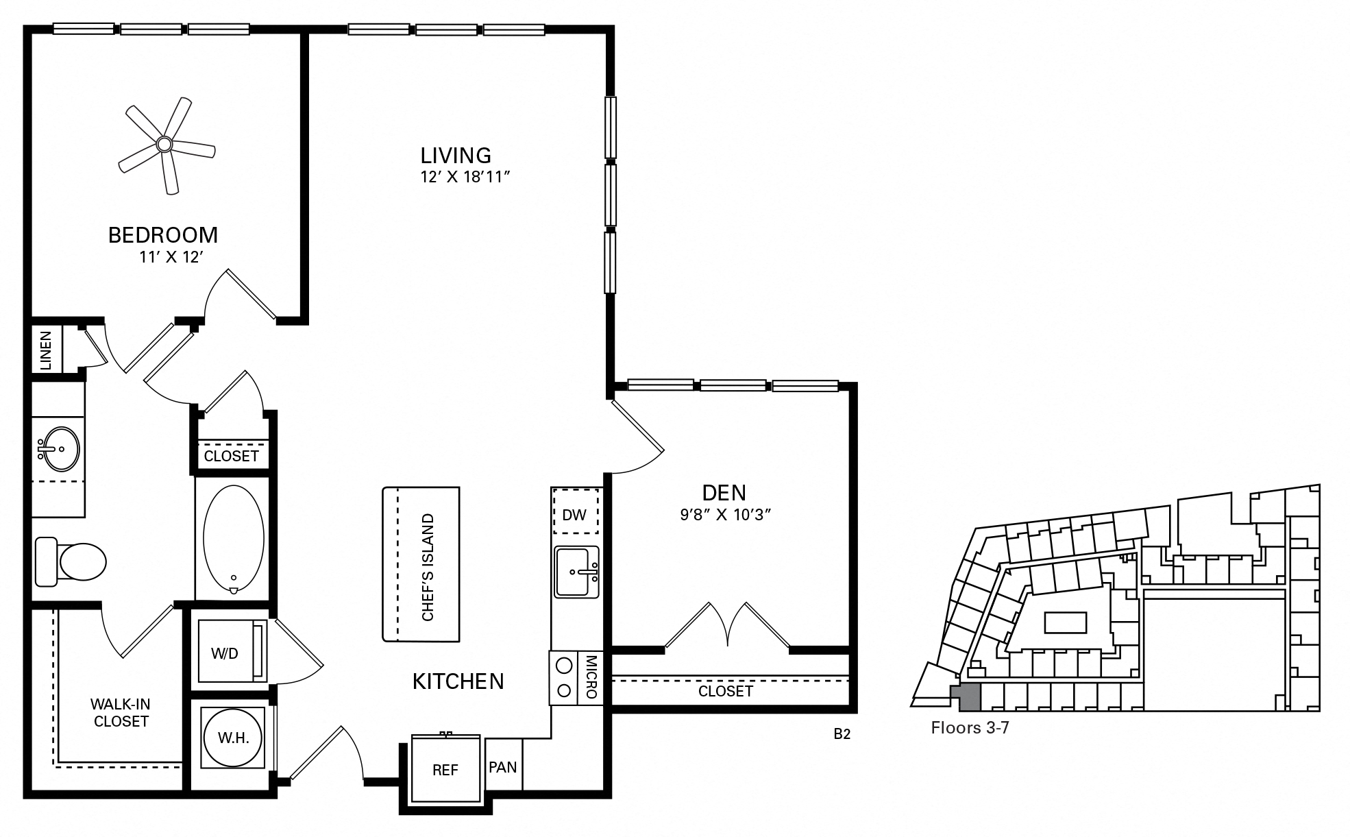 Floor plan for 1 bed, 1 bath, 903 sqft