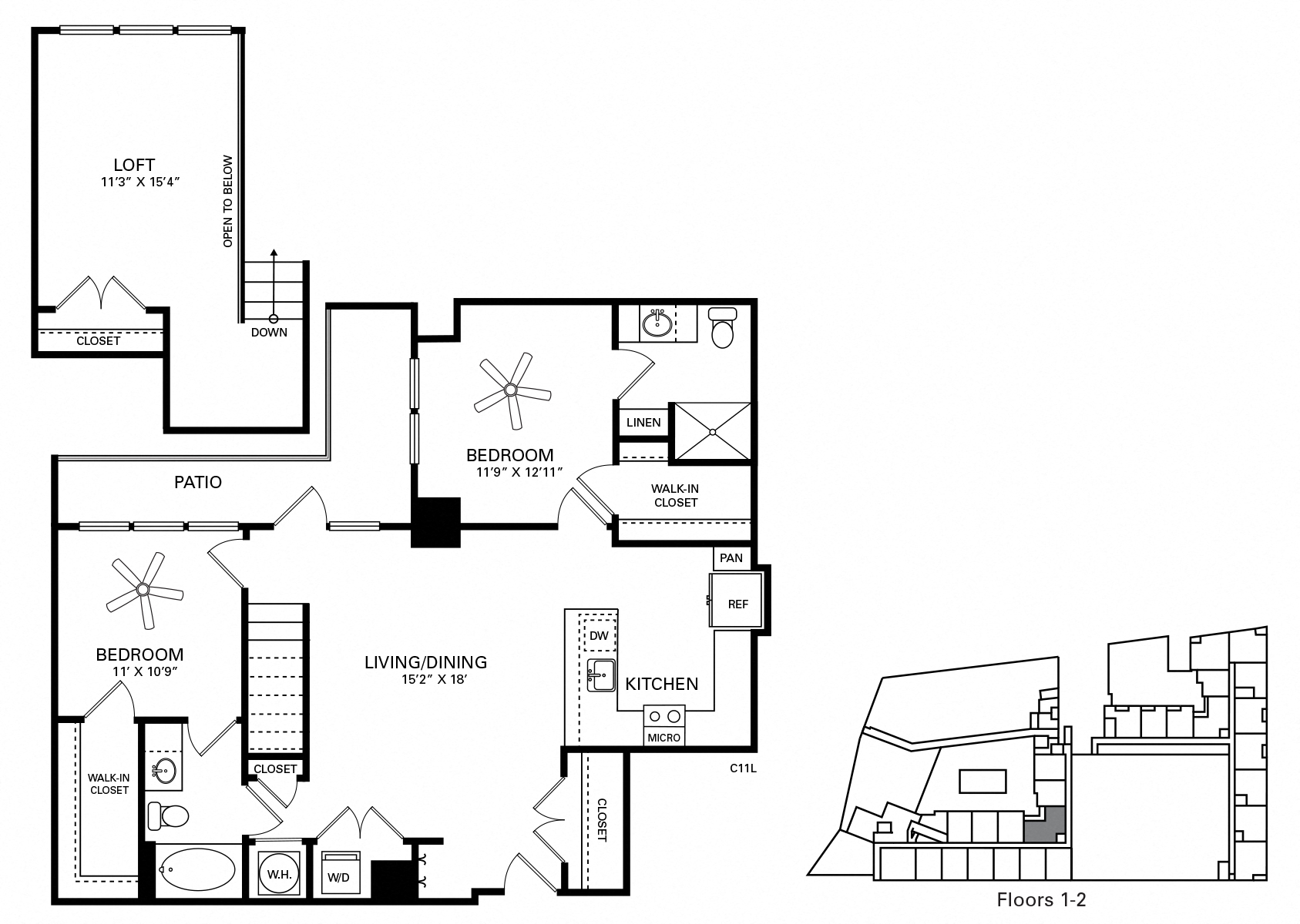Floor plan for 2 beds, 2 baths, 1379 sqft
