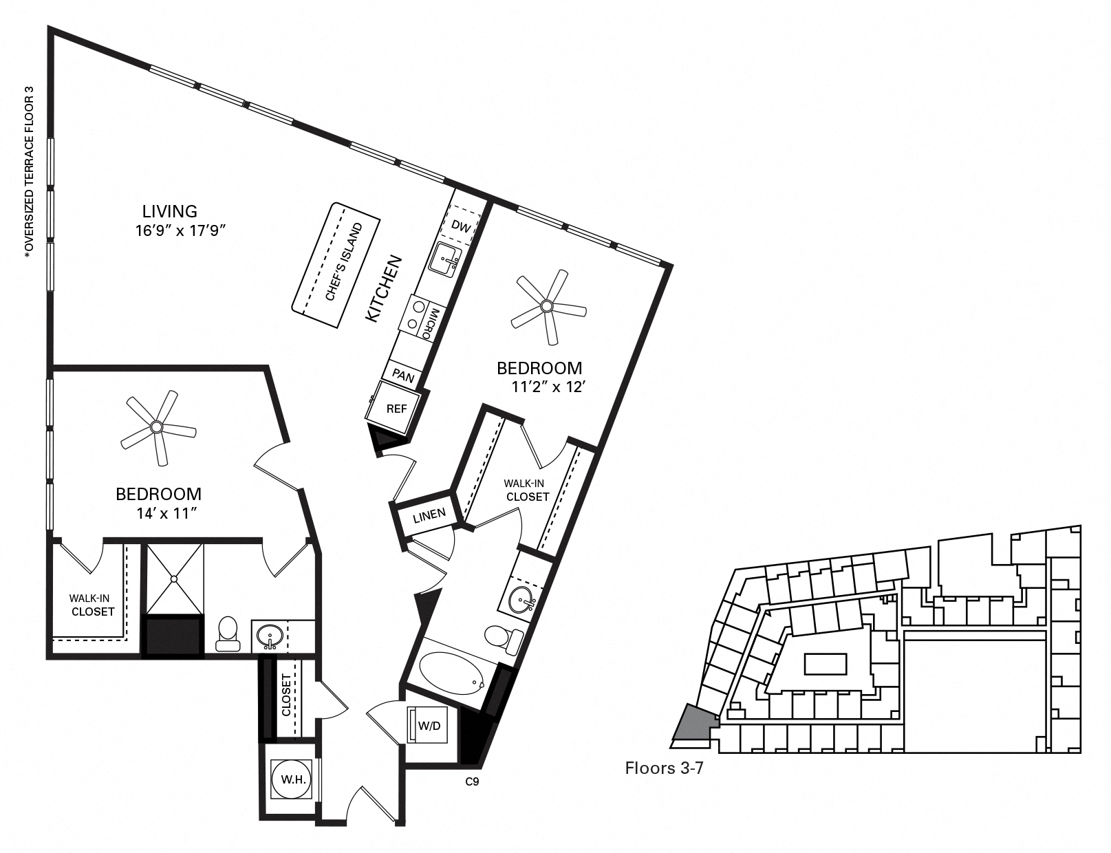 Floor plan for 2 beds, 2 baths, 1297 sqft