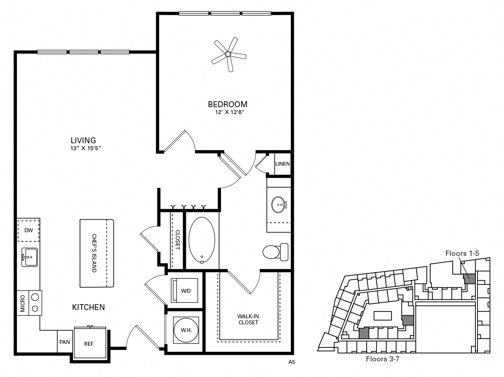 Floor plan for 1 bed, 1 bath, 786 sqft