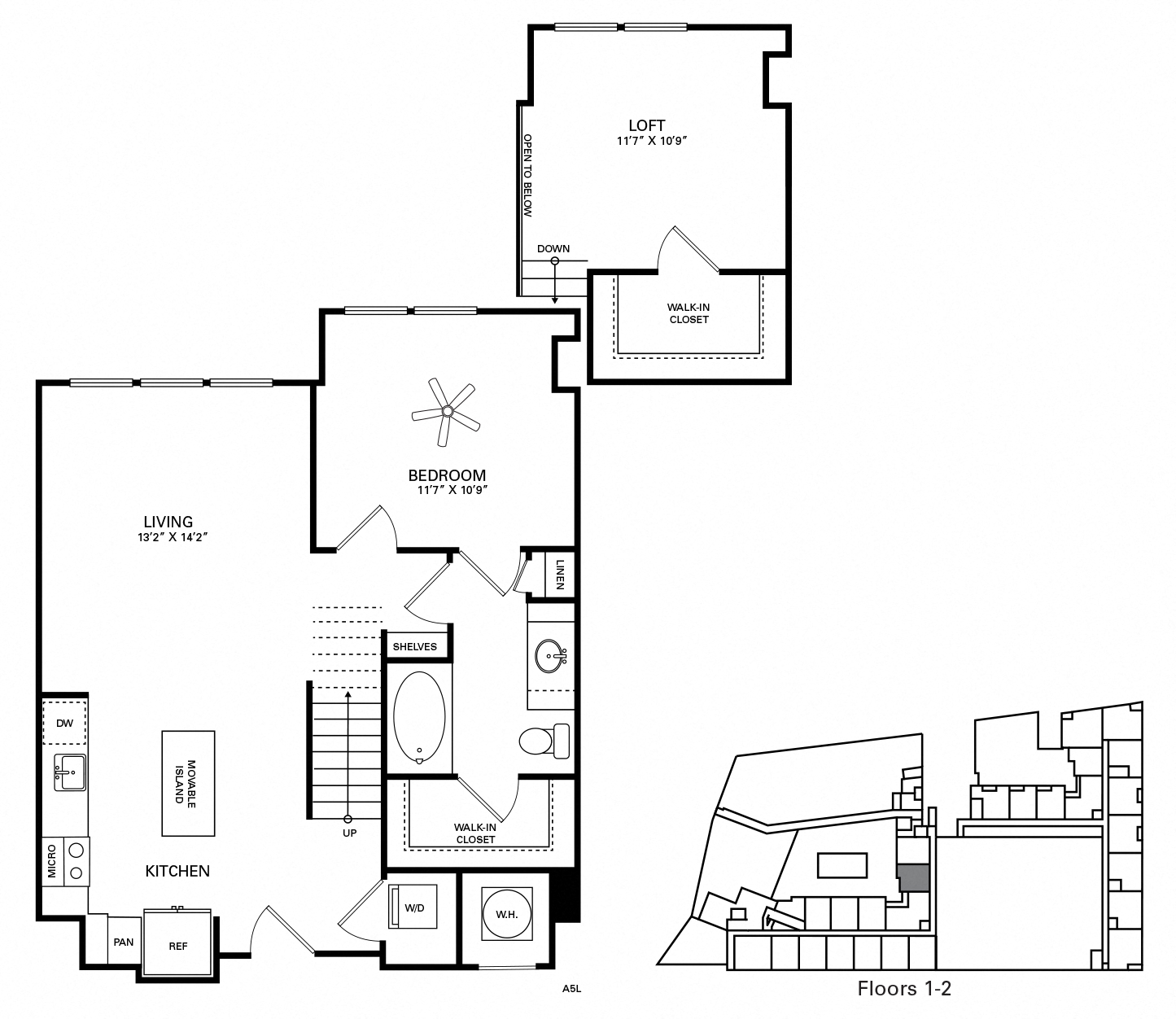Floor plan for 1 bed, 1 bath, 972 sqft