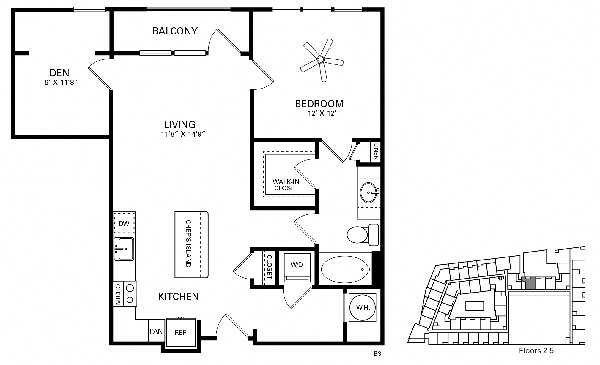 Floor plan for 1 bed, 1 bath, 903 sqft