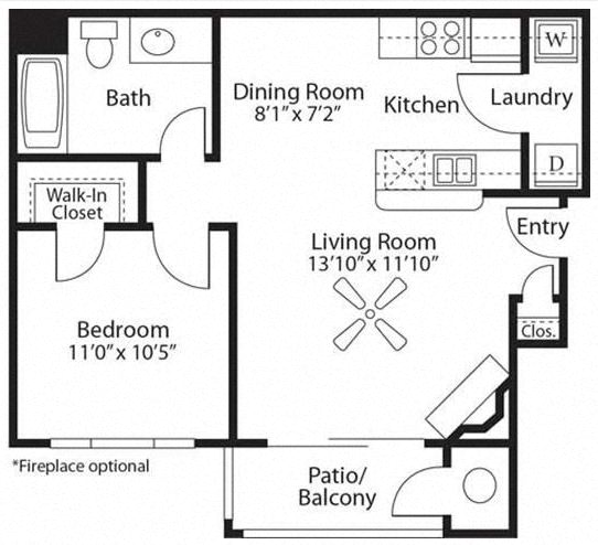 Floor plan for 1 bed, 1 bath, 615 sqft