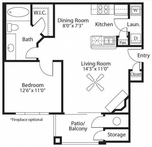 Floor plan for 1 bed, 1 bath, 736 sqft