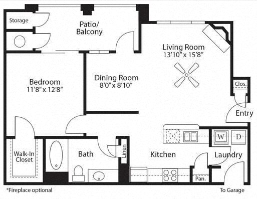 Floor plan for 1 bed, 1 bath, 796 sqft