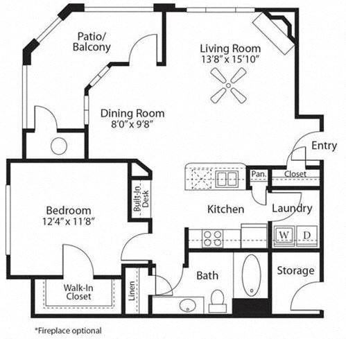 Floor plan for 1 bed, 1 bath, 830 sqft