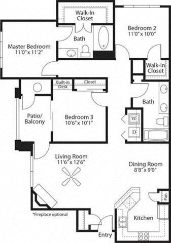 Floor plan for 3 beds, 2 baths, 1235 sqft