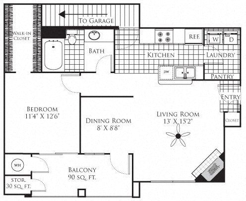 Floor plan for 1 bed, 1 bath, 911 sqft
