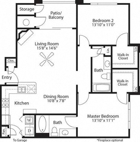 Floor plan for 2 beds, 2 baths, 1093 sqft