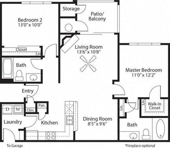 Floor plan for 2 beds, 2 baths, 1033 sqft