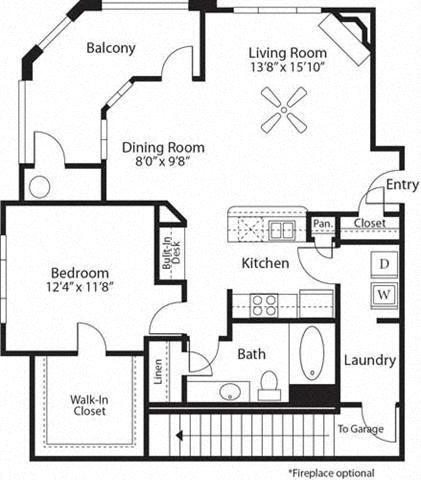 Floor plan for 1 bed, 1 bath, 880 sqft