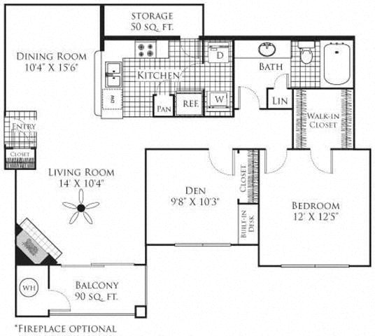 Floor plan for 2 beds, 1 bath, 1052 sqft