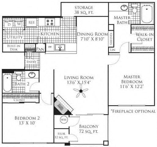 Floor plan for 2 beds, 2 baths, 1115 sqft
