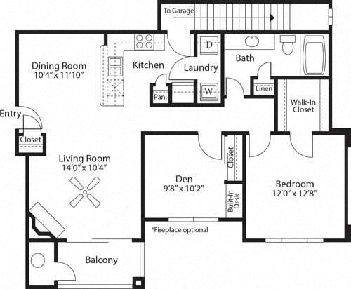 Floor plan for 2 beds, 1 bath, 970 sqft