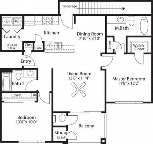 Floor plan for 2 beds, 2 baths, 1033 sqft