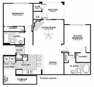 Floor plan for 2 beds, 2 baths, 1115 sqft