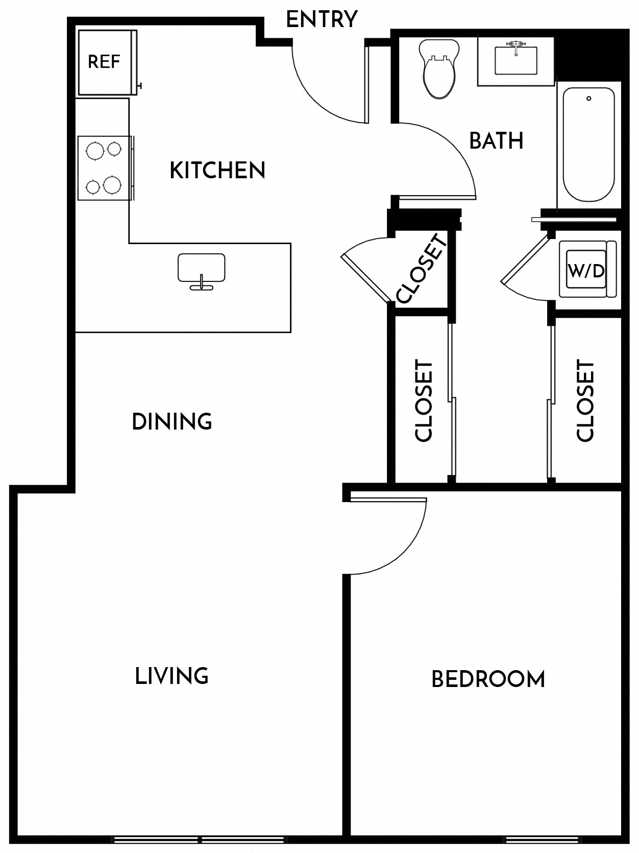 Floor plan for 1 bed, 1 bath, 822 sqft