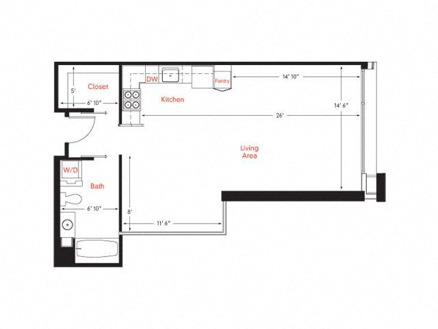 Floor plan for studio, 1 bath, 687 sqft