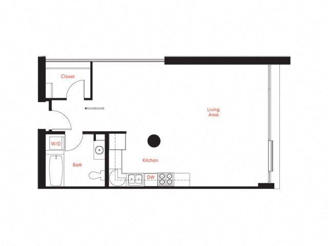 Floor plan for studio, 1 bath, 742 sqft