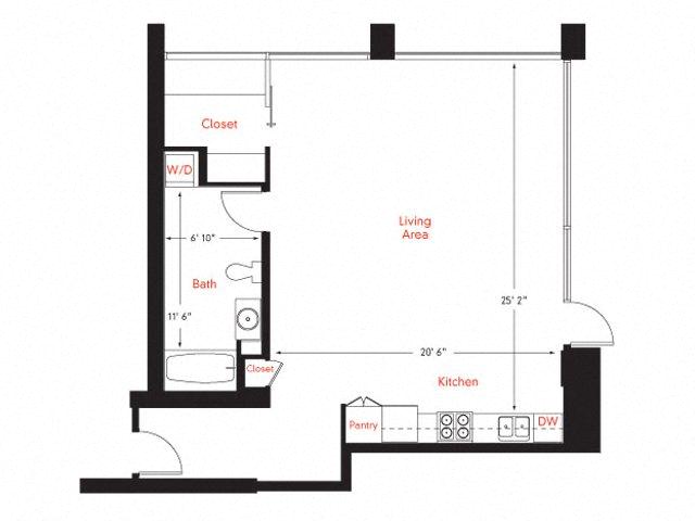 Floor plan for studio, 1 bath, 876 sqft